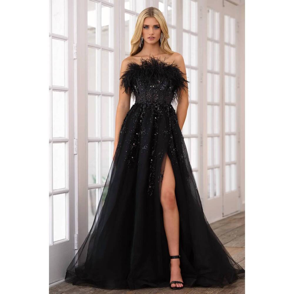 NEW AVA PRESLEY strapless feather beaded slit ball gown in black